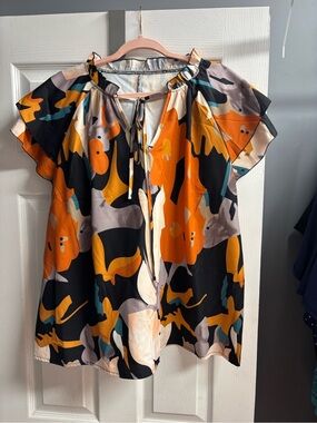 SHEIN Abstract Orange Black Flutter Sleeve Tie-Front Blouse